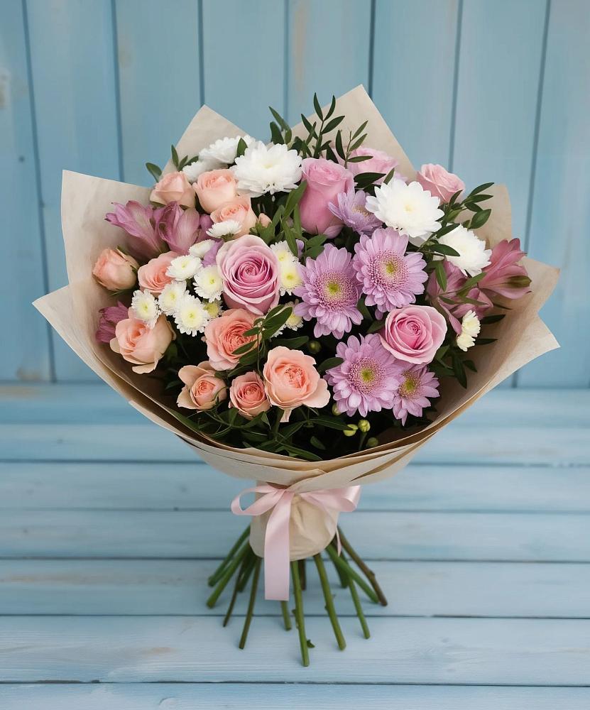 Букет цветов из: Хризантемы, Розы и Альстромерии в Дивногорске