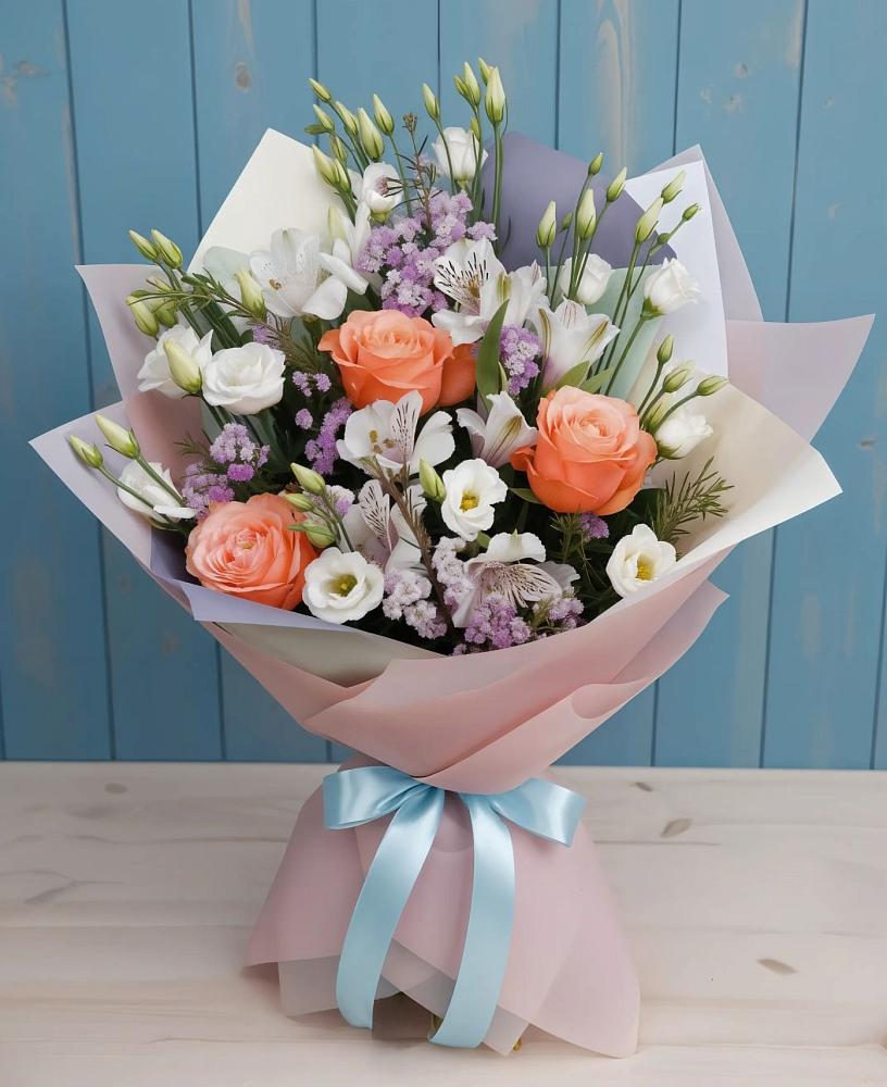 Букет цветов из: Лизиантусы, Розы, Альстромерии и Гипсофила в Дивногорске