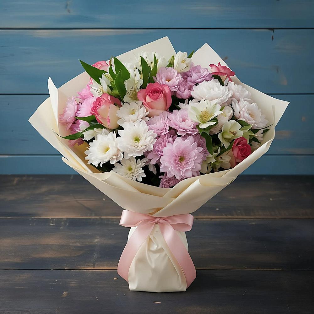 Букет цветов из: Хризантемы, Альстромерии и Розы в Дивногорске